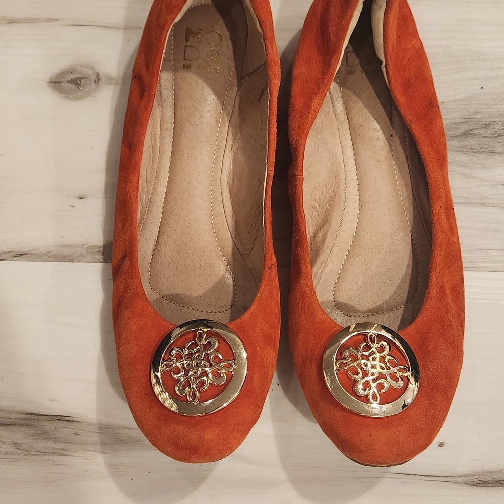 Moda In Pelle Orange Suede Flats with Gold Accents
